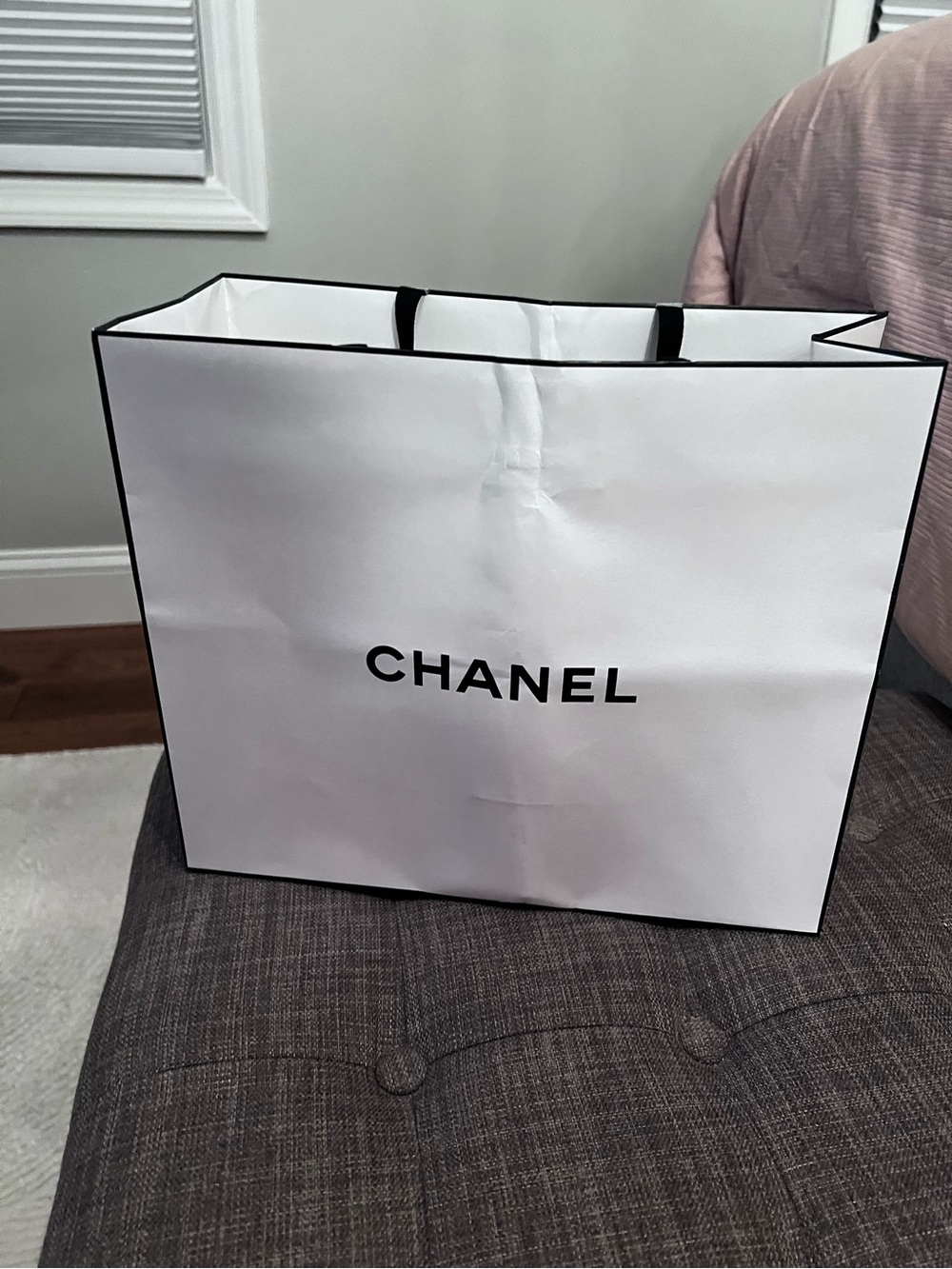 Chanel White Paper Shopping Bag with Black Logo and ribbon